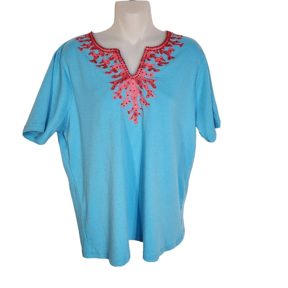Quacker Factory Womens T Shirt Size Medium Short Sleeve Coral Embroidered Beaded